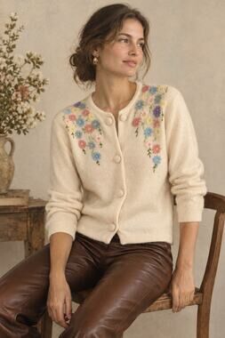 VTG 3 Ply Lambswool Rabbit Hair Women's L Floral Cardigan Barbara Lee Parisian